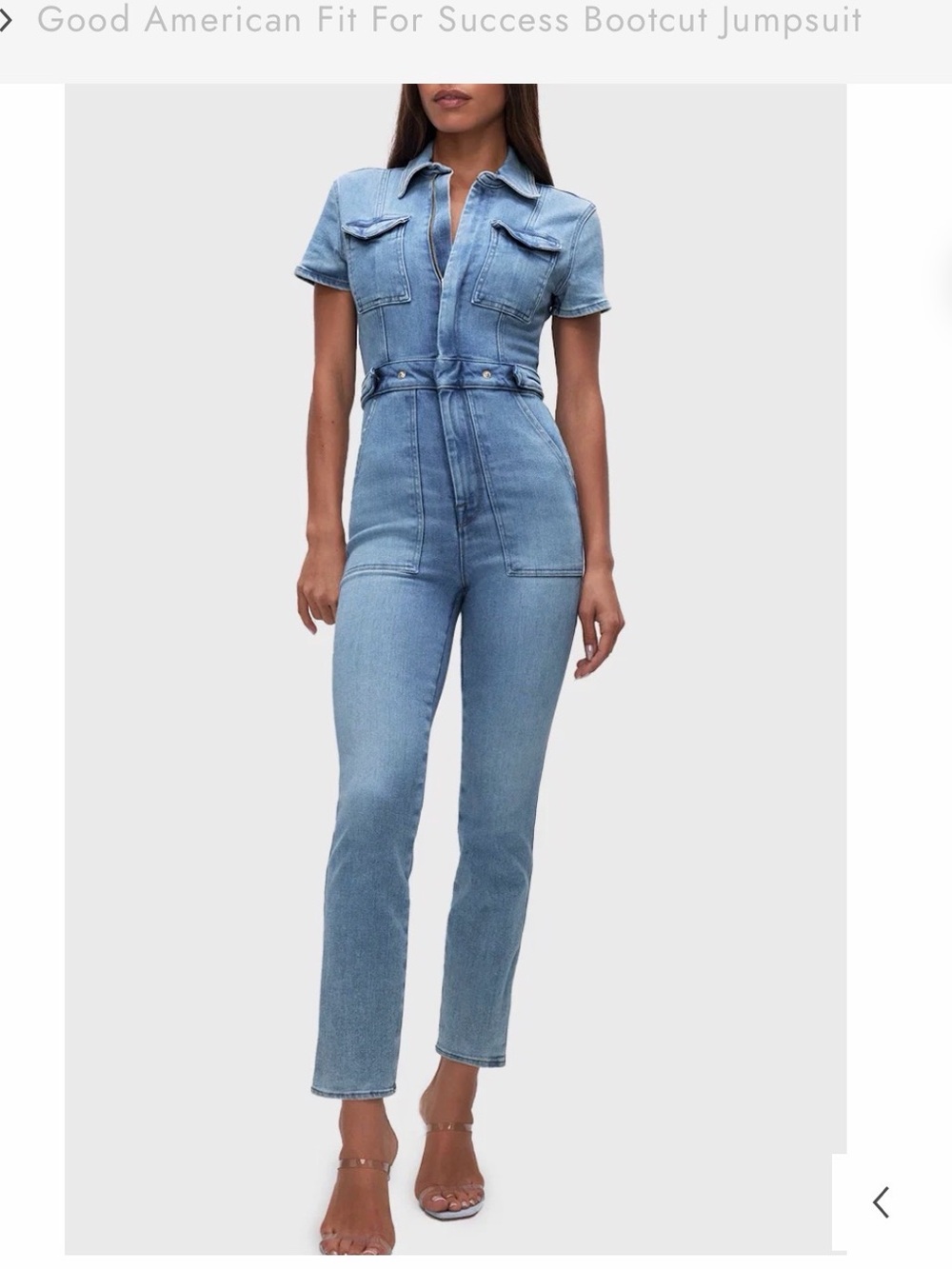 Good American Light Blue Denim Overall Jumpsuit with Short Sleeves